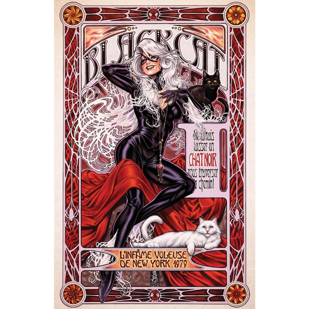 Amazing Spider-Man Black Cat Mark Brooks NYCC comic poster with cats and red fabric