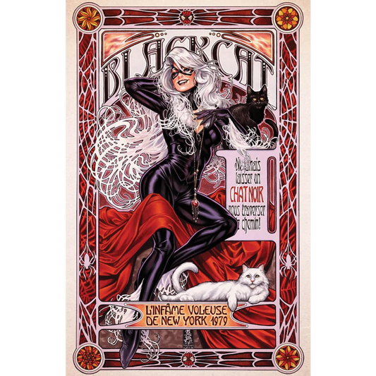 Amazing Spider-Man Black Cat Mark Brooks NYCC comic poster with cats and red fabric