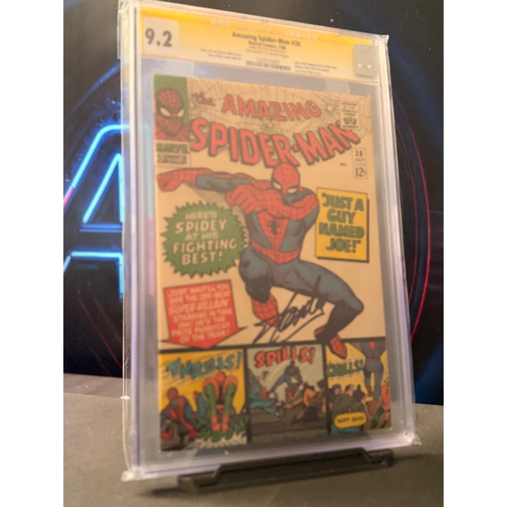 A signed amazing spider-man comic book issue 18 from 1963 graded 9.2 by cgc featuring red and blue superhero cover