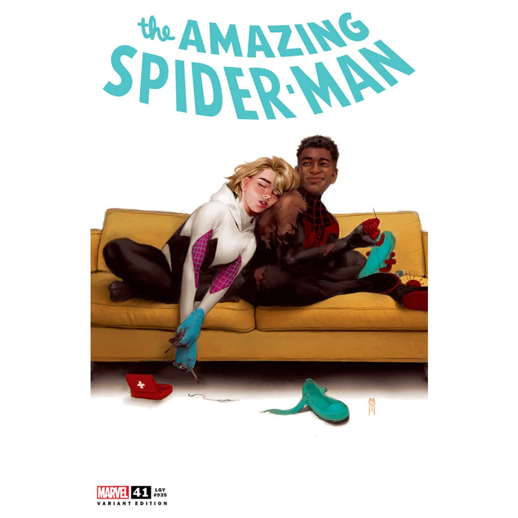 Comic book cover featuring Spider-Gwen and Miles Morales on a couch, mercado exclusive comic