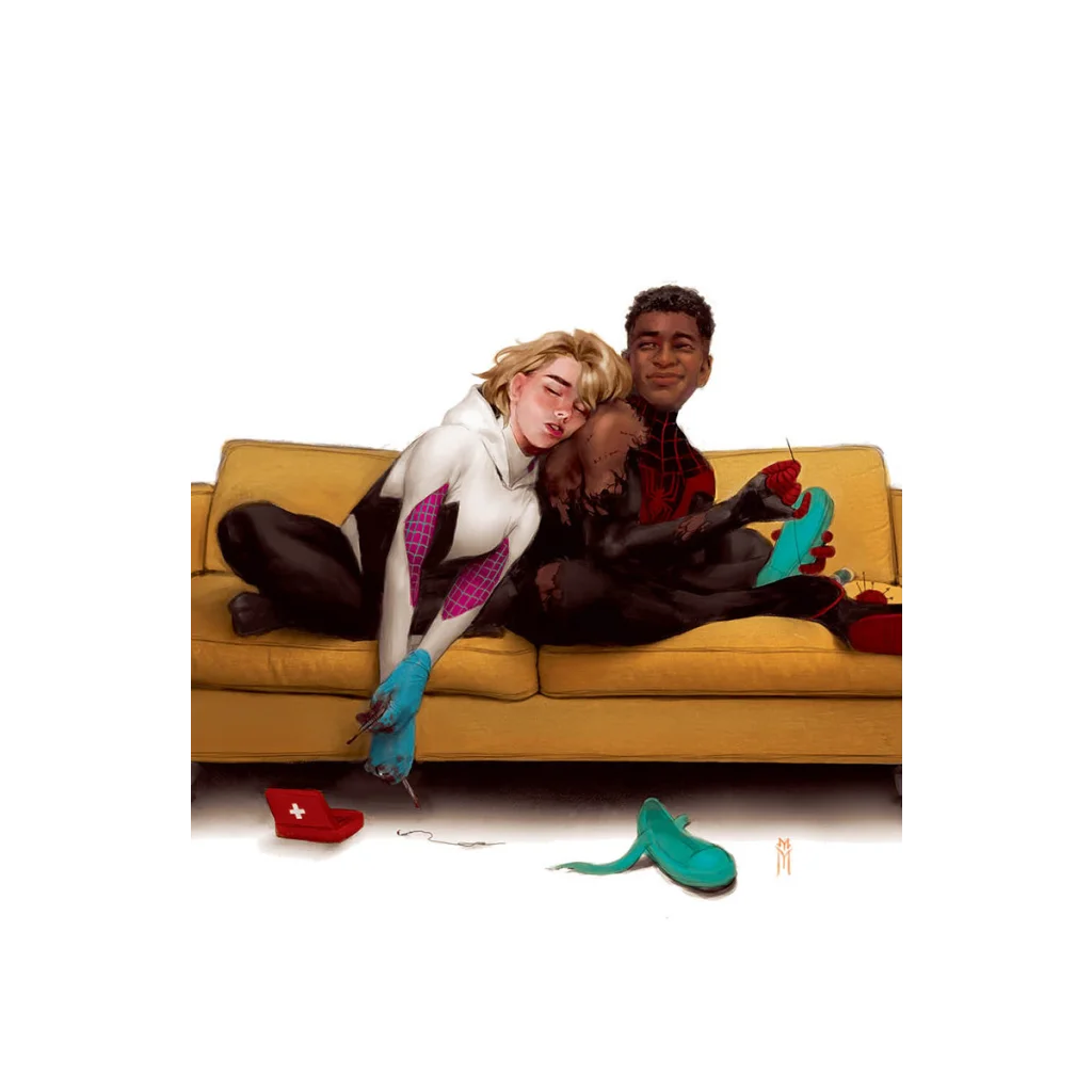 Two comic characters on yellow couch from AMAZING SPIDER-MAN #41 Miguel Mercado Exclusive Virgin Variant