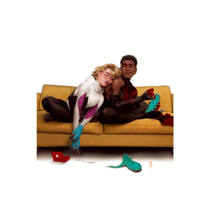 Two comic characters on yellow couch from AMAZING SPIDER-MAN #41 Miguel Mercado Exclusive Virgin Variant