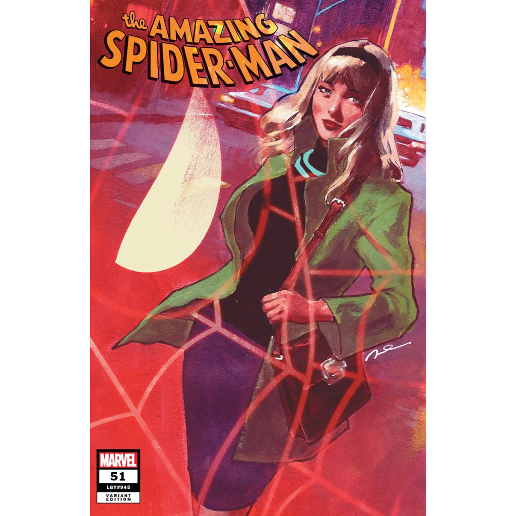 Comic book featuring Gwen Stacy in green jacket and purple skirt with spider web overlay, Parel Exclusive Variant