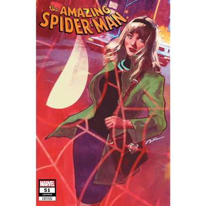 Comic book featuring Gwen Stacy in green jacket and purple skirt with spider web overlay, Parel Exclusive Variant