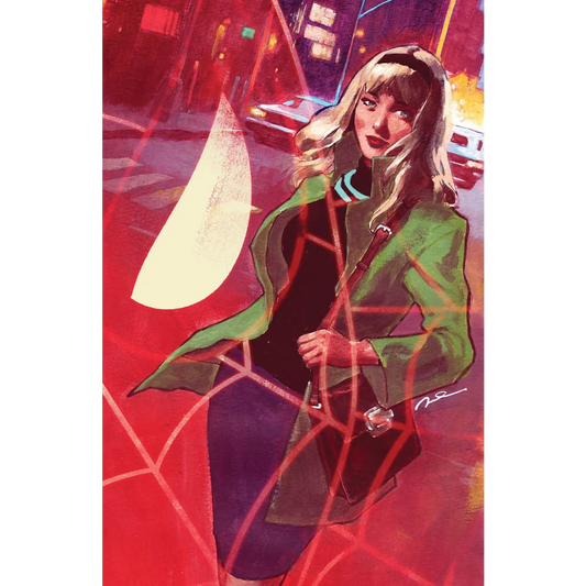 Comic book cover featuring blonde woman in green coat and purple skirt - Gerald Parel exclusive