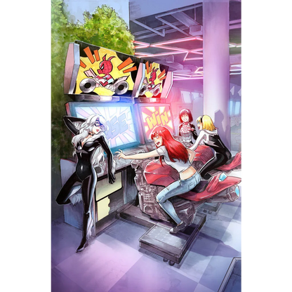 Four women playing arcade racing games at Unknown Comics Saowee event for Amazing Spider-Man #54