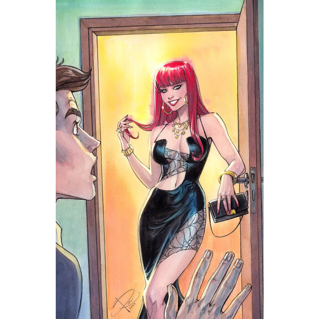 Black silver spiderweb dress with gold jewelry from Amazing Spider-Man #57 Sabine Rich