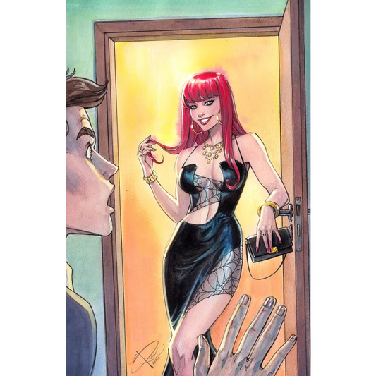 Black silver spiderweb dress with gold jewelry from Amazing Spider-Man #57 Sabine Rich