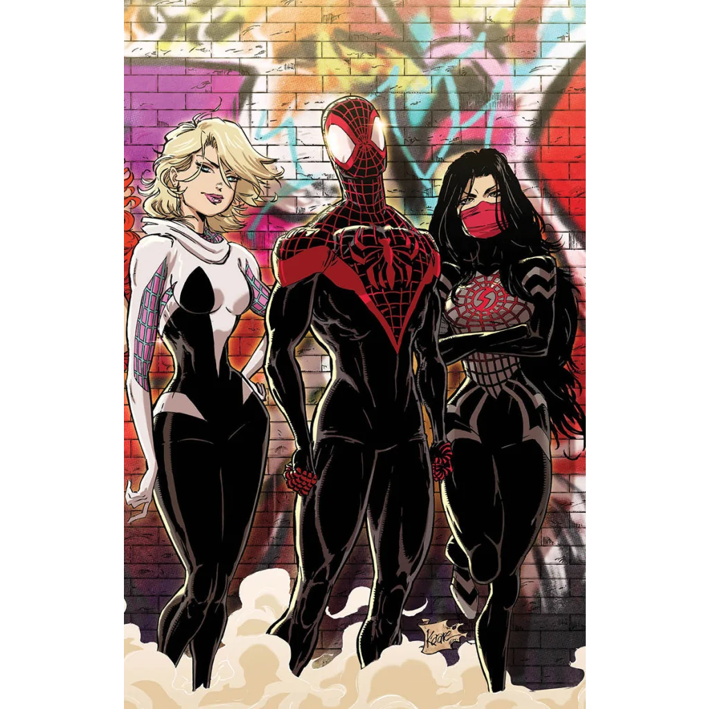 Comic book cover featuring Spider-Gwen Miles Morales and Silk from Amazing Spider-Man #64 Kaare Andrews Virgin Variant Exclusive