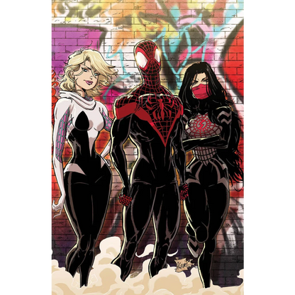 Comic book cover featuring Spider-Gwen Miles Morales and Silk from Amazing Spider-Man #64 Kaare Andrews Virgin Variant Exclusive