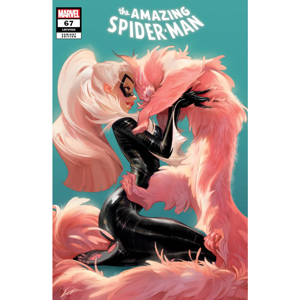 Black Catwoman costume with pink fur tail and gloves on Amazing Spider-Man 67 comic by Alexander Lozano