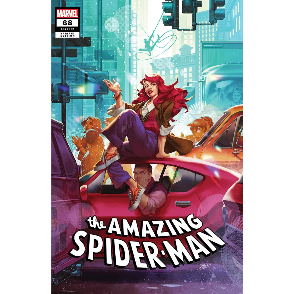 Comic book cover of The Amazing Spider Man 68 with Mary Jane Watson, exclusive Mateus Manhanini variant