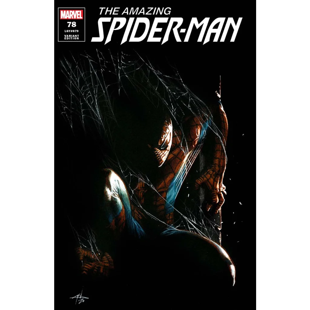 Dark comic book cover of Amazing Spider-Man with stunning artwork and webs