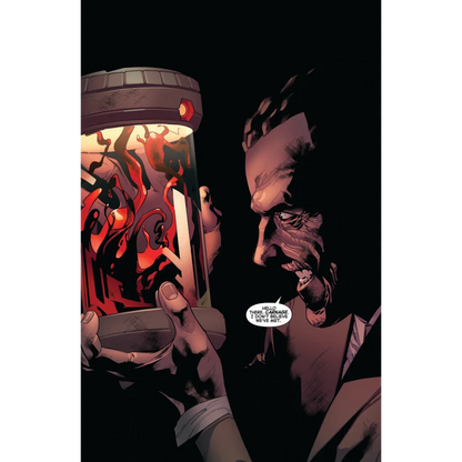 Clear cylindrical container with red organic substance and glowing top from Amazing Spider Man 794 comic books