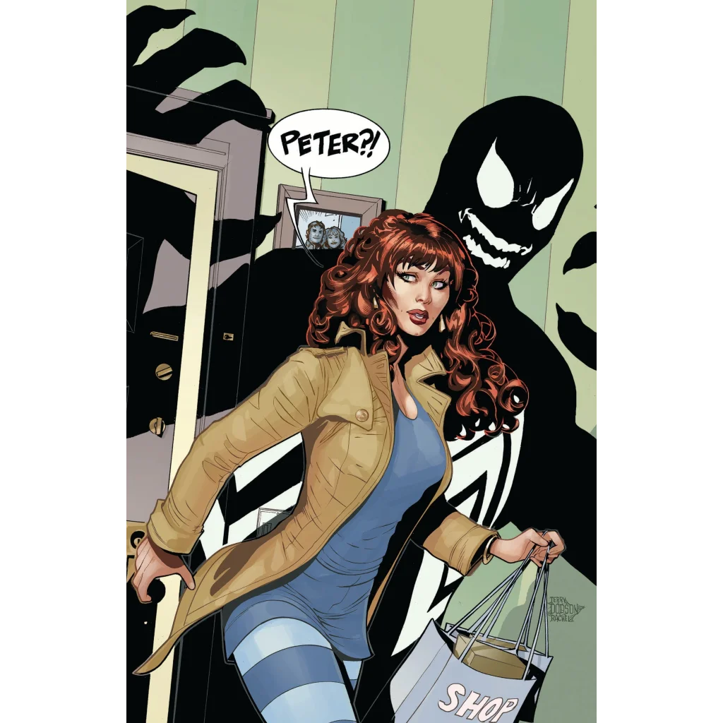 Mary Jane Watson looking concerned with Venom shadow in Amazing Spider Man 798 Virgin Exclusive Dodson edition