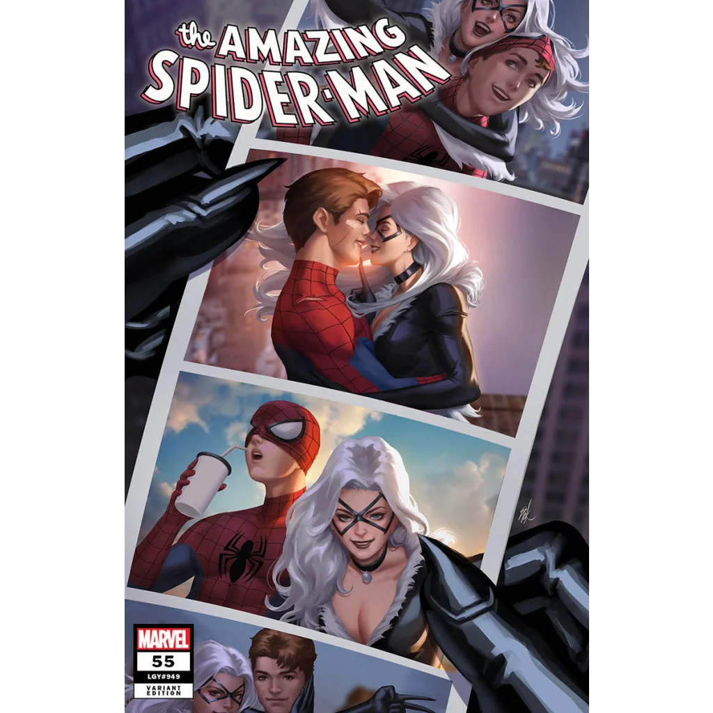 Comic book cover of Amazing Spider-Man with Black Cat in a romantic embrace, Unknown Comics Ejikure exclusive variant