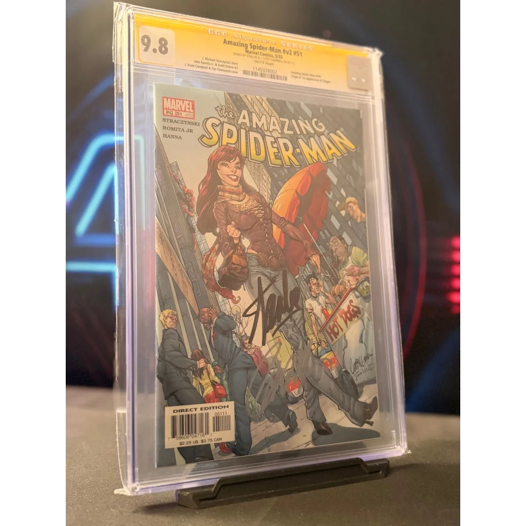 A signed amazing spider-man #251 comic book in a clear protective slab graded 9.8 with vibrant marvel cover art