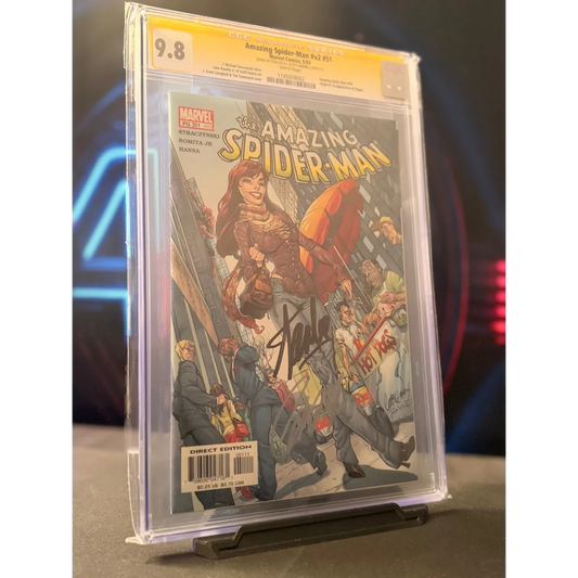 A signed amazing spider-man #251 comic book in a clear protective slab graded 9.8 with vibrant marvel cover art