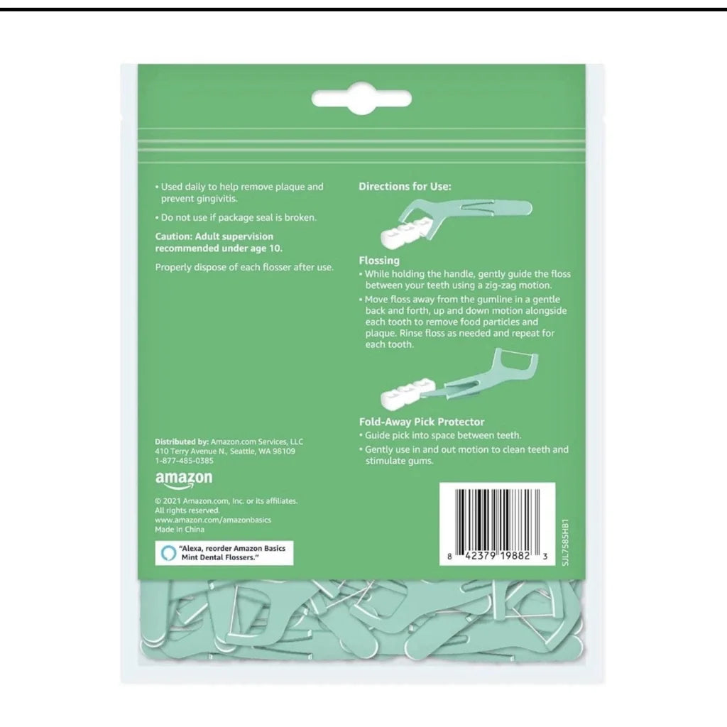 Amazon Basics mint dental flossers, clear picks in green pack, 90 count