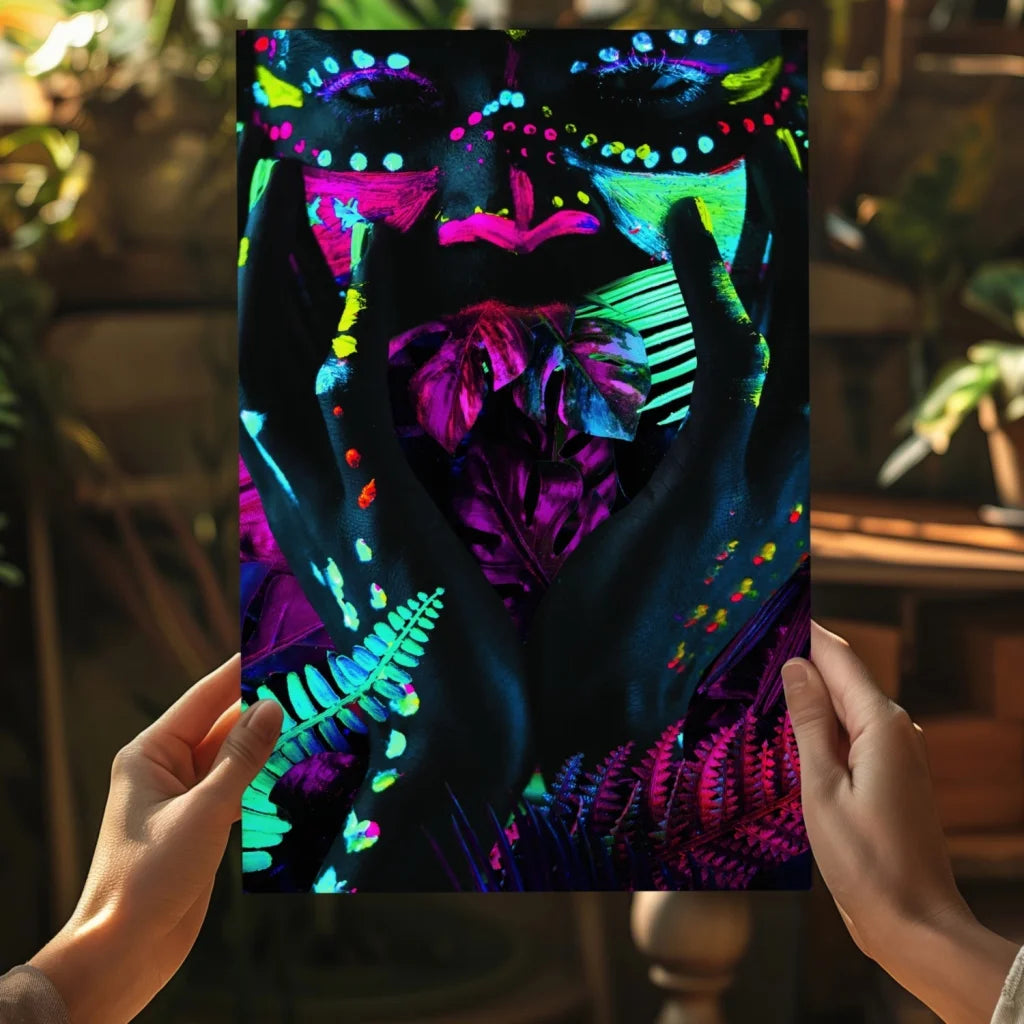 Vibrant neon face and hands on insigne aluminum prints with tropical leaves