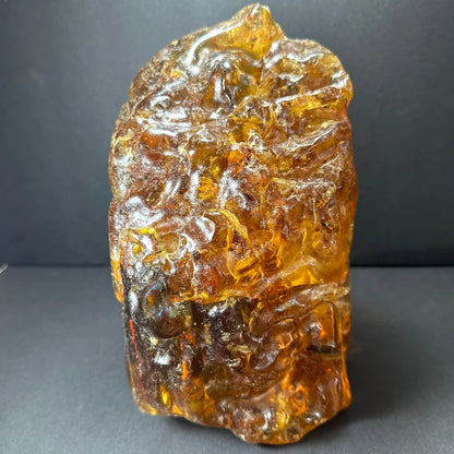Translucent amber termite hill fossil with carvings and inclusions