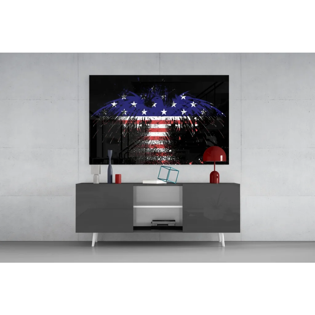 Modern gray console table under American flag fireworks wall art canvas print