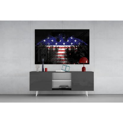 Modern gray console table under American flag fireworks wall art canvas print