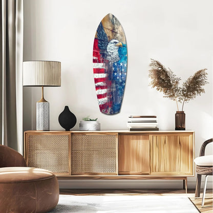 Vibrant American Eagle surfboard tempered glass art with flag design