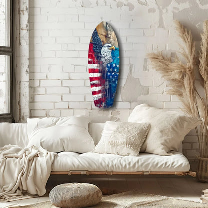 Vibrant American eagle on flag tempered glass art surfboard