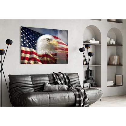 Majestic bald eagle on American flag canvas wall art in living room