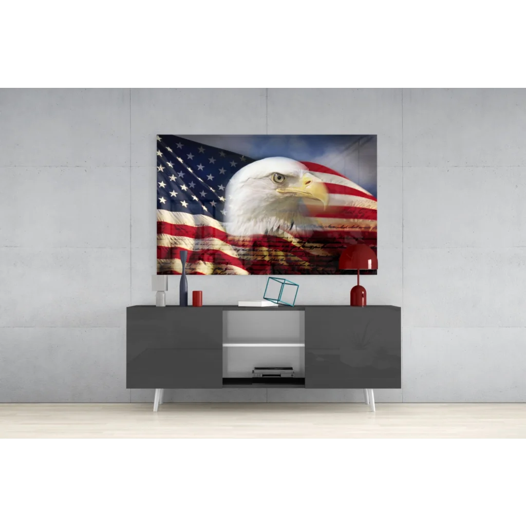 Majestic American Eagle canvas wall art print with flag backdrop