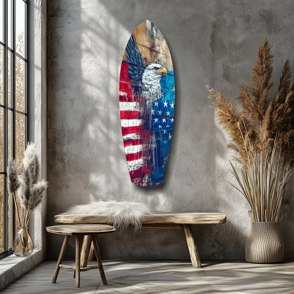 Rustic American Eagle surfboard tempered glass art with flag design