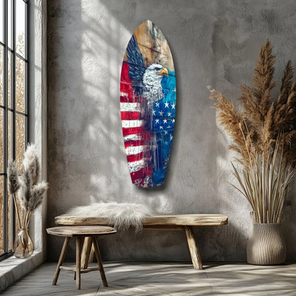 Rustic American Eagle surfboard tempered glass art with flag design