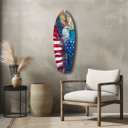 Vibrant American eagle on distressed flag tempered glass art surfboard