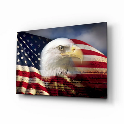 Majestic American Eagle wall art print with flag backdrop