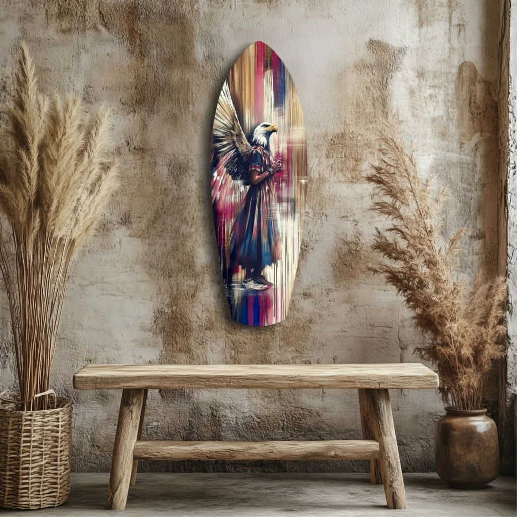 Vibrant tempered glass art surfboard wall piece with soaring eagle and American flag motif