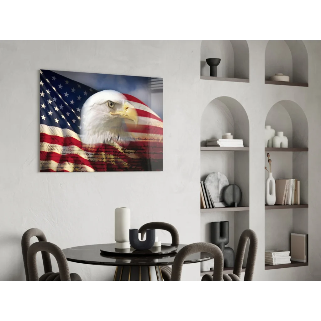 Majestic bald eagle on American flag canvas wall art print
