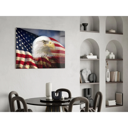 Majestic bald eagle on American flag canvas wall art print
