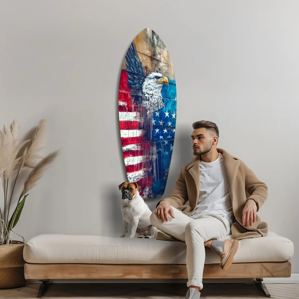 American Eagle surfboard tempered glass art with white eagle on distressed flag