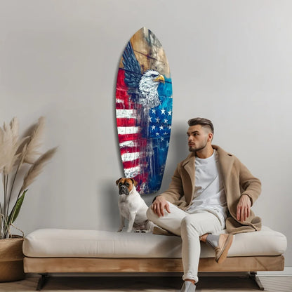 American Eagle surfboard tempered glass art with white eagle on distressed flag