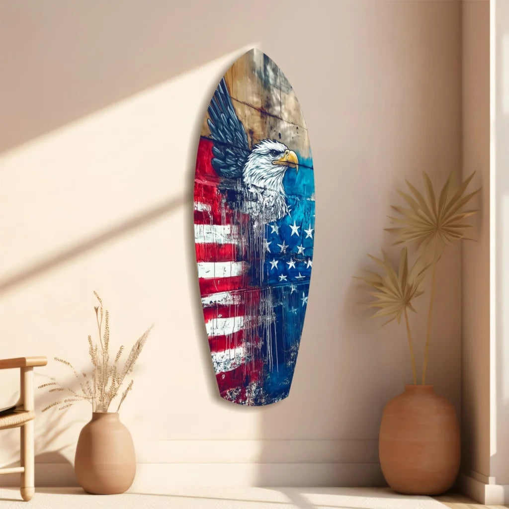 Rustic American eagle tempered glass art on surfboard design