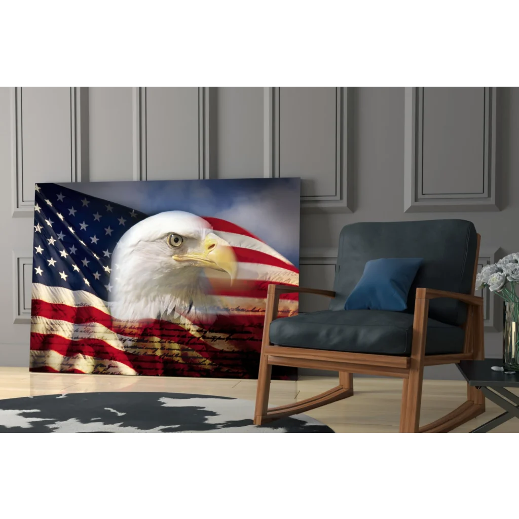 Majestic American Eagle wall art canvas print with flag backdrop