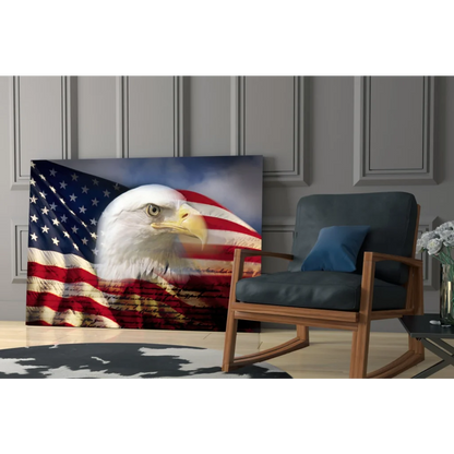Majestic American Eagle wall art canvas print with flag backdrop