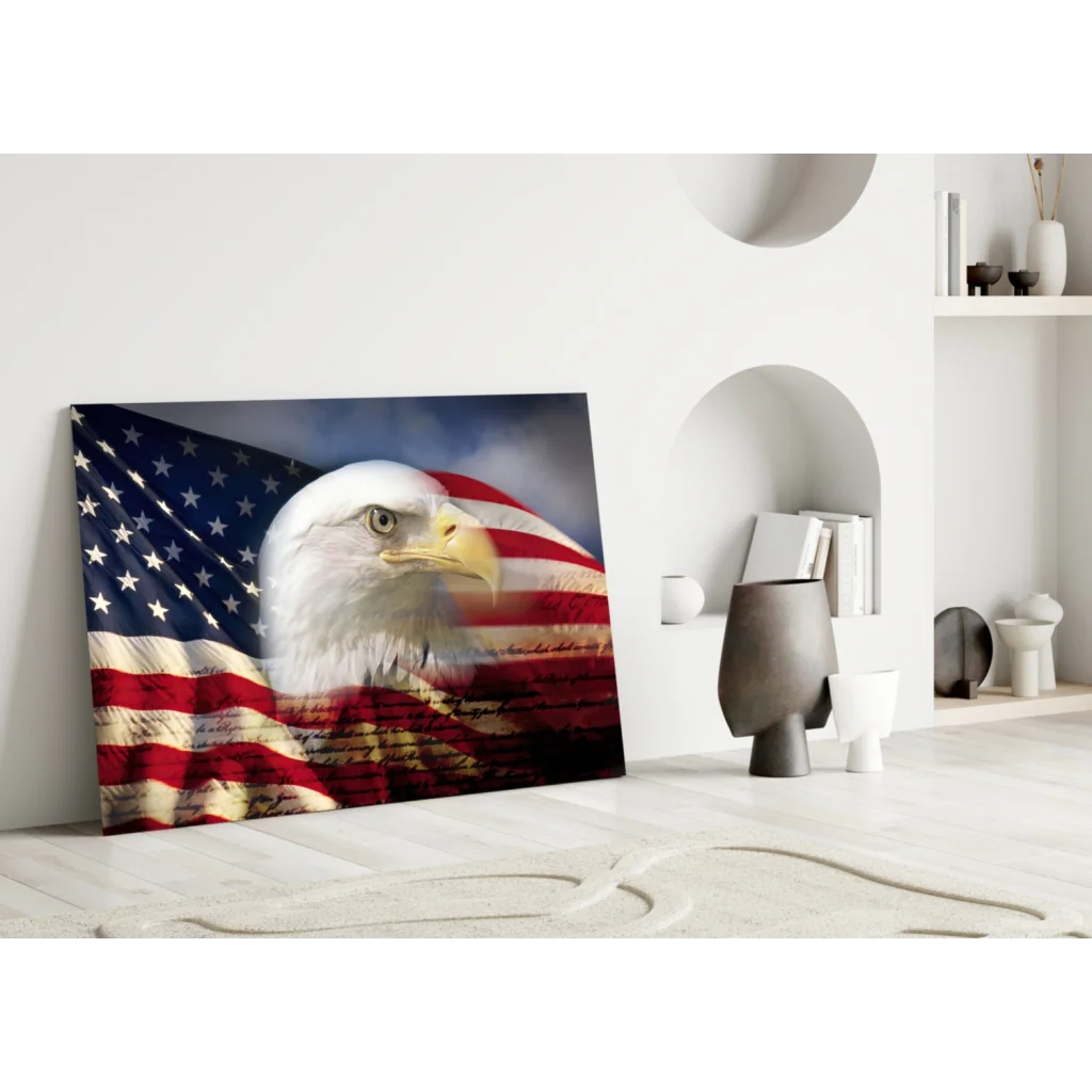 Majestic American Eagle canvas wall art print on flag backdrop