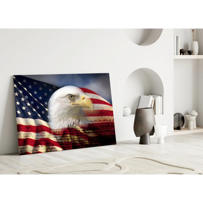 Majestic American Eagle canvas wall art print on flag backdrop