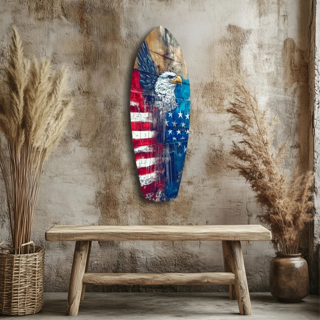Rustic American Eagle tempered glass art with flag surfboard design