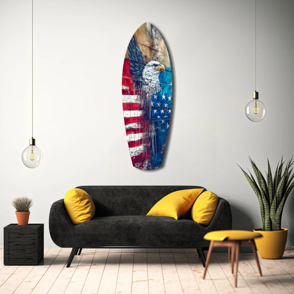 American eagle surfboard tempered glass art with flag design