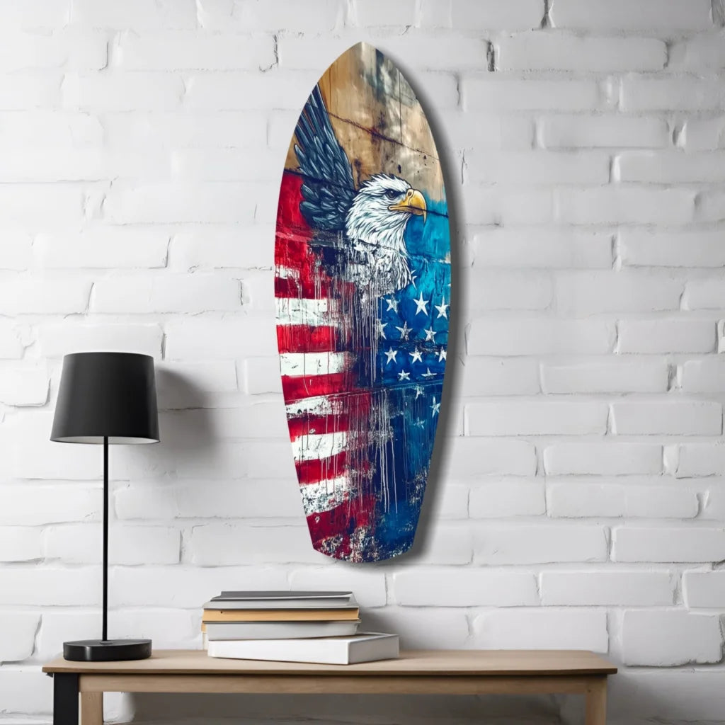 American eagle surfboard tempered glass art with rustic flag design
