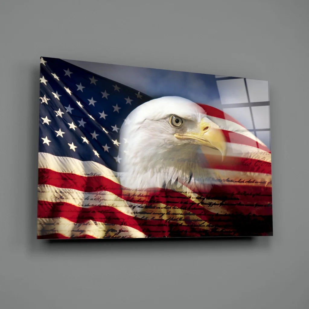 Majestic white eagle with yellow beak on American flag canvas wall art print