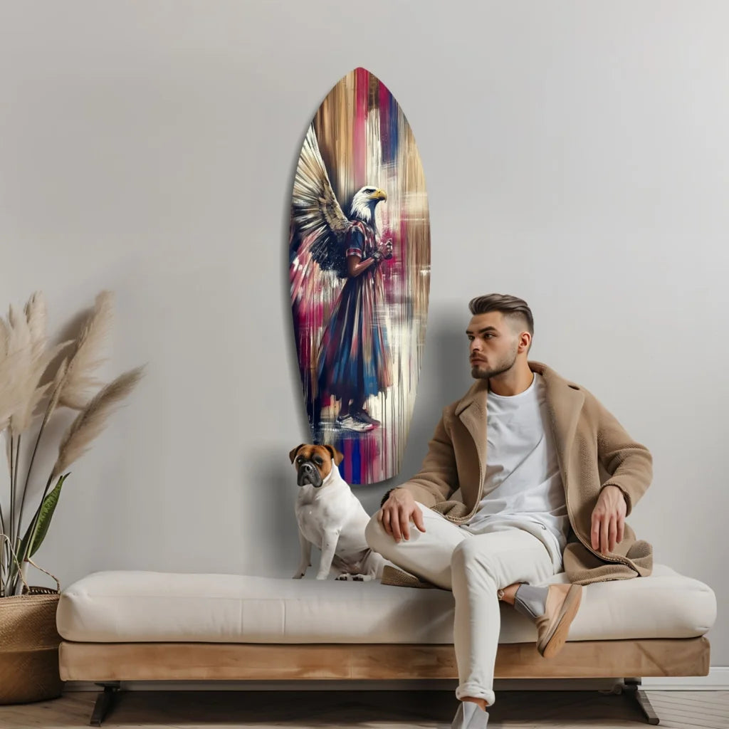 Vibrant tempered glass art surfboard with soaring eagle